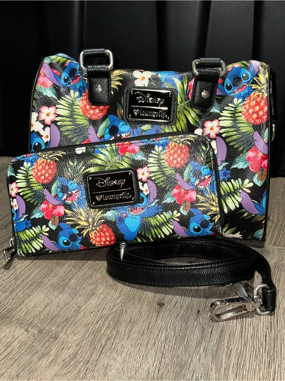 Loungefly Black Tropical Stitch Satchel & Wallet Set with Blue Accents
